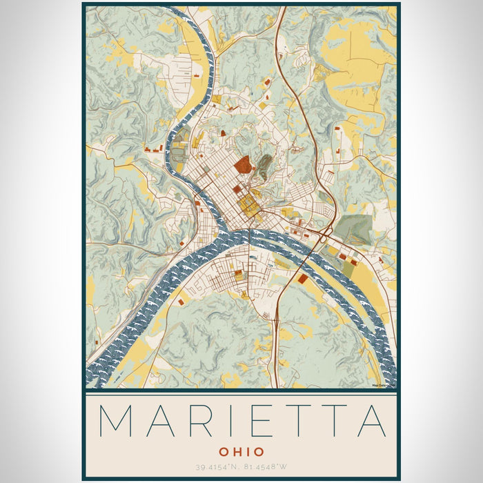 Marietta Ohio Map Print Portrait Orientation in Woodblock Style With Shaded Background