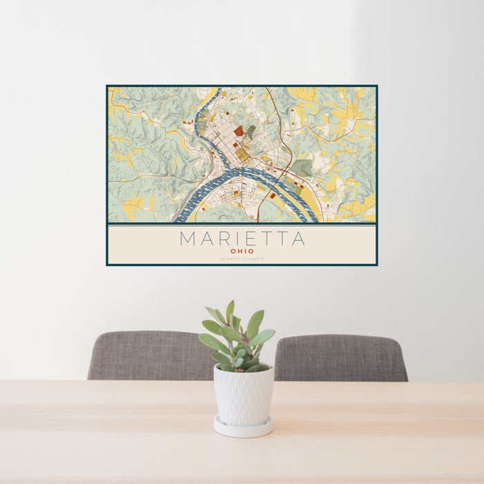 24x36 Marietta Ohio Map Print Landscape Orientation in Woodblock Style Behind 2 Chairs Table and Potted Plant
