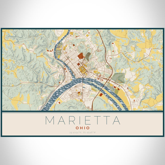 Marietta Ohio Map Print Landscape Orientation in Woodblock Style With Shaded Background