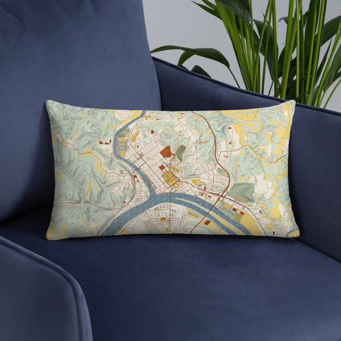 Custom Marietta Ohio Map Throw Pillow in Woodblock on Blue Colored Chair