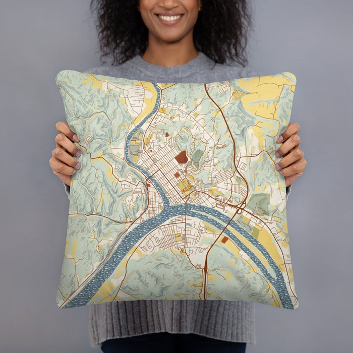 Person holding 18x18 Custom Marietta Ohio Map Throw Pillow in Woodblock