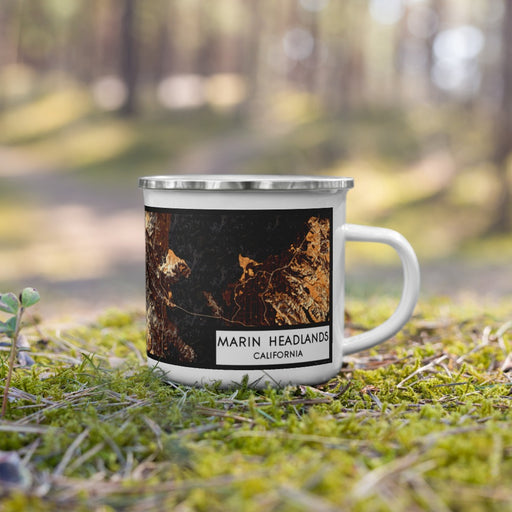 Right View Custom Marin Headlands California Map Enamel Mug in Ember on Grass With Trees in Background