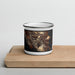Front View Custom Marin Headlands California Map Enamel Mug in Ember on Cutting Board