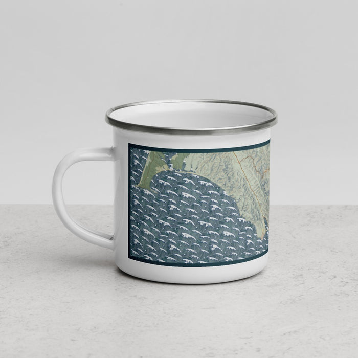 Left View Custom Marin Headlands California Map Enamel Mug in Woodblock