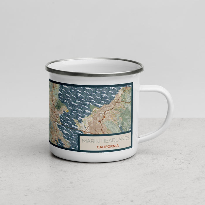 Right View Custom Marin Headlands California Map Enamel Mug in Woodblock