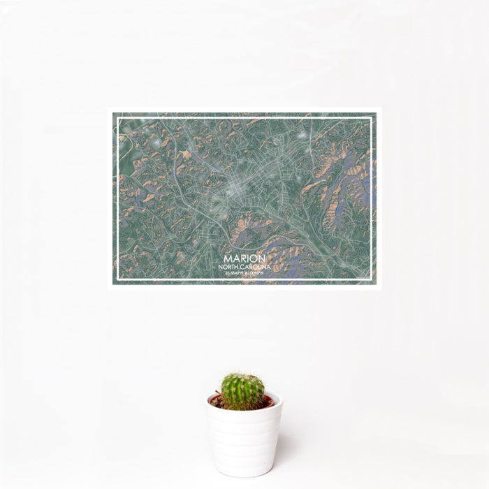 12x18 Marion North Carolina Map Print Landscape Orientation in Afternoon Style With Small Cactus Plant in White Planter