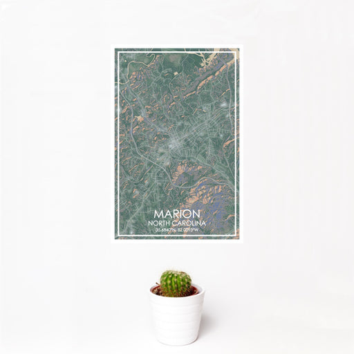 12x18 Marion North Carolina Map Print Portrait Orientation in Afternoon Style With Small Cactus Plant in White Planter