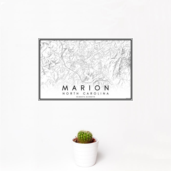 12x18 Marion North Carolina Map Print Landscape Orientation in Classic Style With Small Cactus Plant in White Planter