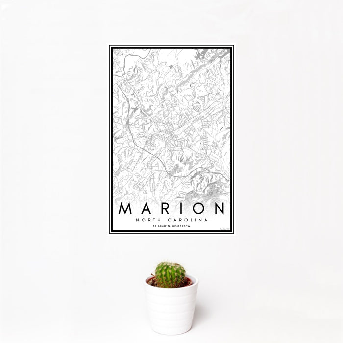 12x18 Marion North Carolina Map Print Portrait Orientation in Classic Style With Small Cactus Plant in White Planter