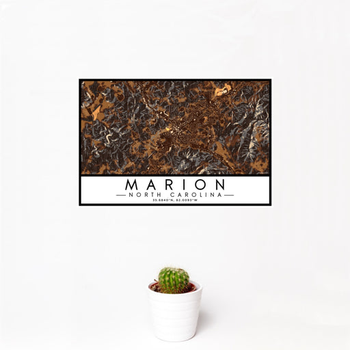 12x18 Marion North Carolina Map Print Landscape Orientation in Ember Style With Small Cactus Plant in White Planter