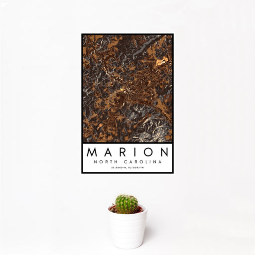 12x18 Marion North Carolina Map Print Portrait Orientation in Ember Style With Small Cactus Plant in White Planter