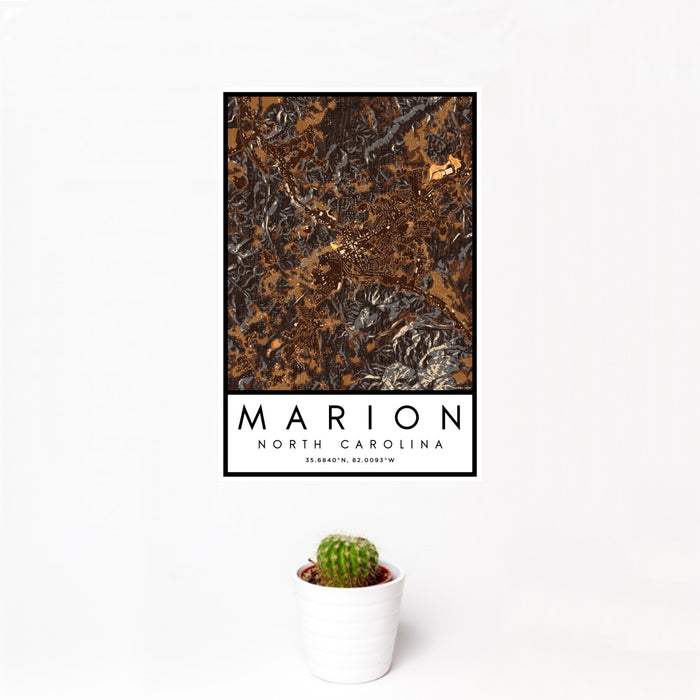 12x18 Marion North Carolina Map Print Portrait Orientation in Ember Style With Small Cactus Plant in White Planter