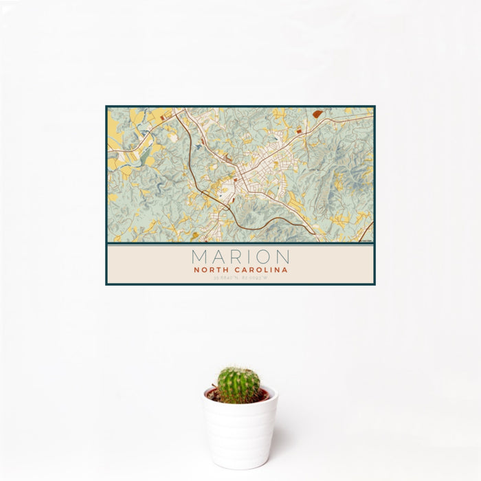 12x18 Marion North Carolina Map Print Landscape Orientation in Woodblock Style With Small Cactus Plant in White Planter