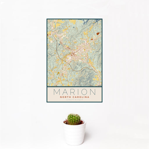 12x18 Marion North Carolina Map Print Portrait Orientation in Woodblock Style With Small Cactus Plant in White Planter