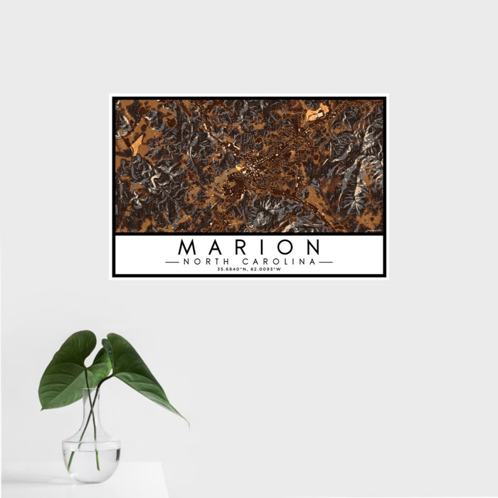 16x24 Marion North Carolina Map Print Landscape Orientation in Ember Style With Tropical Plant Leaves in Water