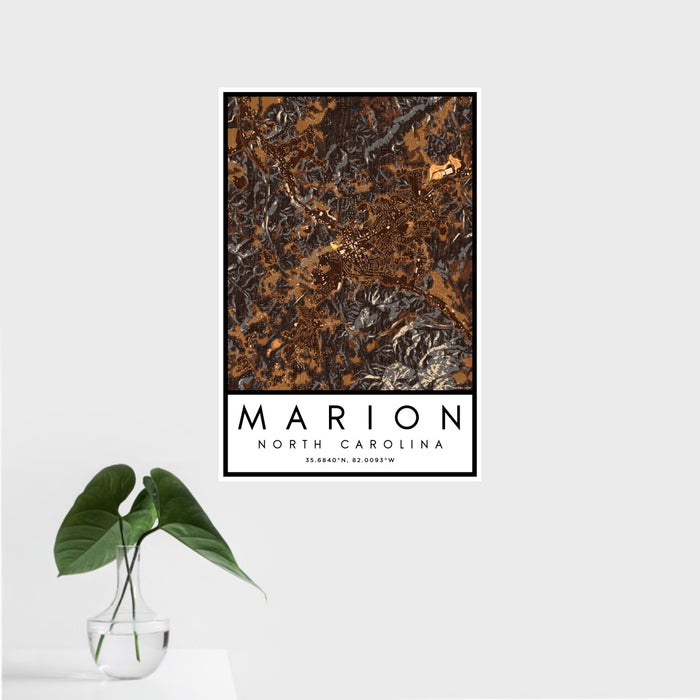 16x24 Marion North Carolina Map Print Portrait Orientation in Ember Style With Tropical Plant Leaves in Water