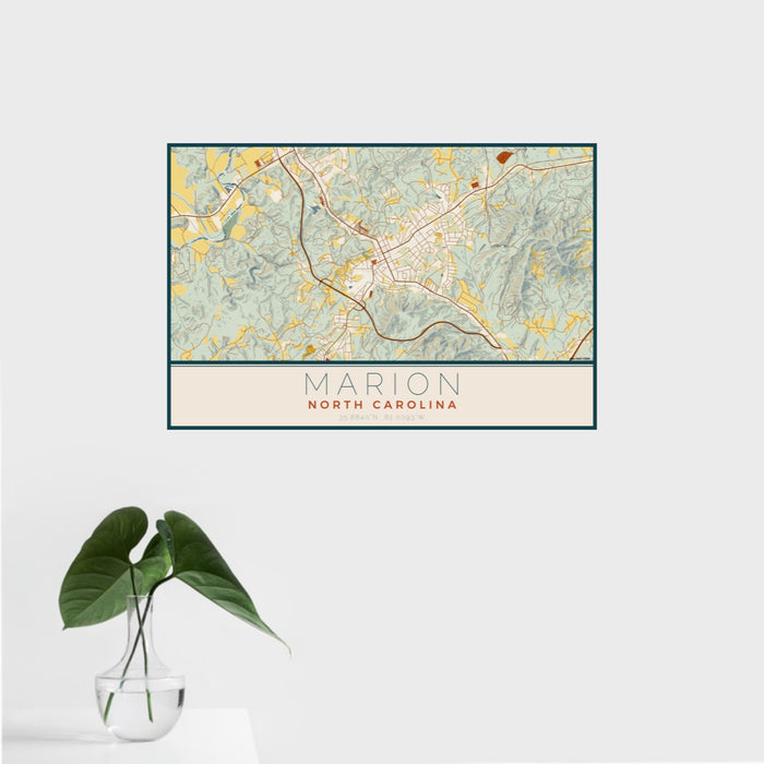 16x24 Marion North Carolina Map Print Landscape Orientation in Woodblock Style With Tropical Plant Leaves in Water