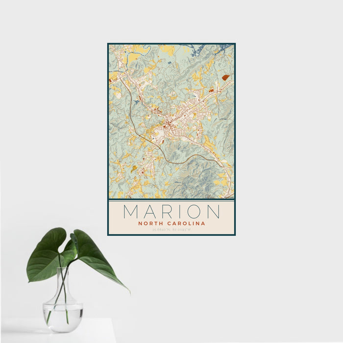 16x24 Marion North Carolina Map Print Portrait Orientation in Woodblock Style With Tropical Plant Leaves in Water