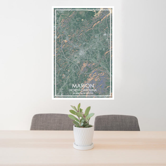 24x36 Marion North Carolina Map Print Portrait Orientation in Afternoon Style Behind 2 Chairs Table and Potted Plant