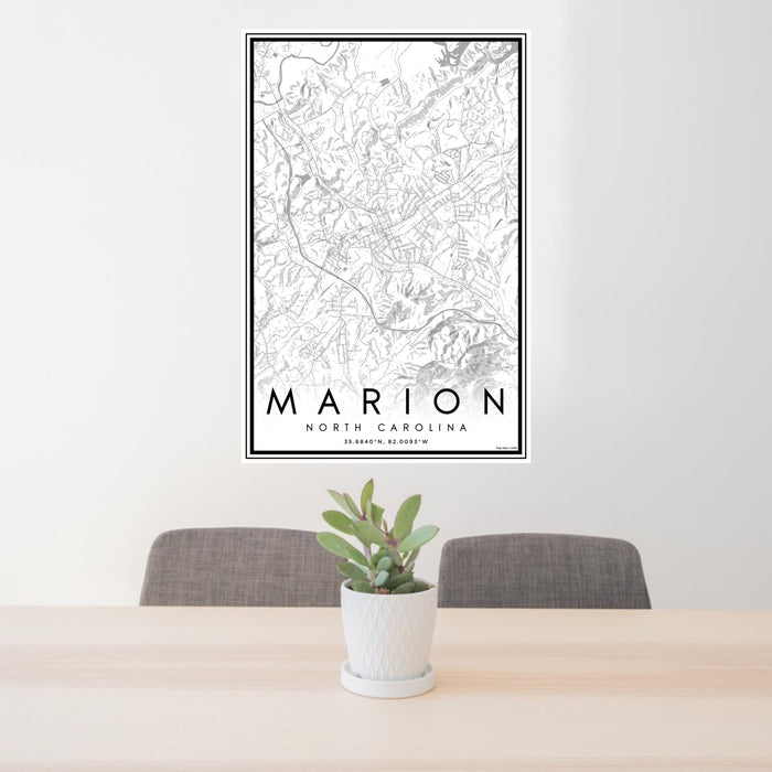 24x36 Marion North Carolina Map Print Portrait Orientation in Classic Style Behind 2 Chairs Table and Potted Plant