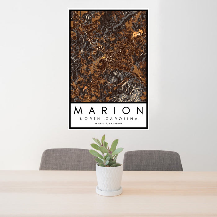 24x36 Marion North Carolina Map Print Portrait Orientation in Ember Style Behind 2 Chairs Table and Potted Plant