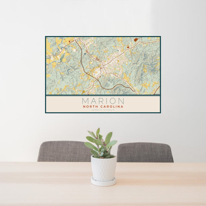 24x36 Marion North Carolina Map Print Lanscape Orientation in Woodblock Style Behind 2 Chairs Table and Potted Plant