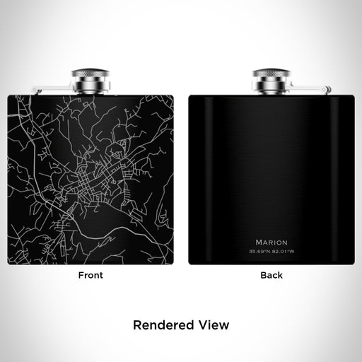 Rendered View of Marion North Carolina Map Engraving on 6oz Stainless Steel Flask in Black