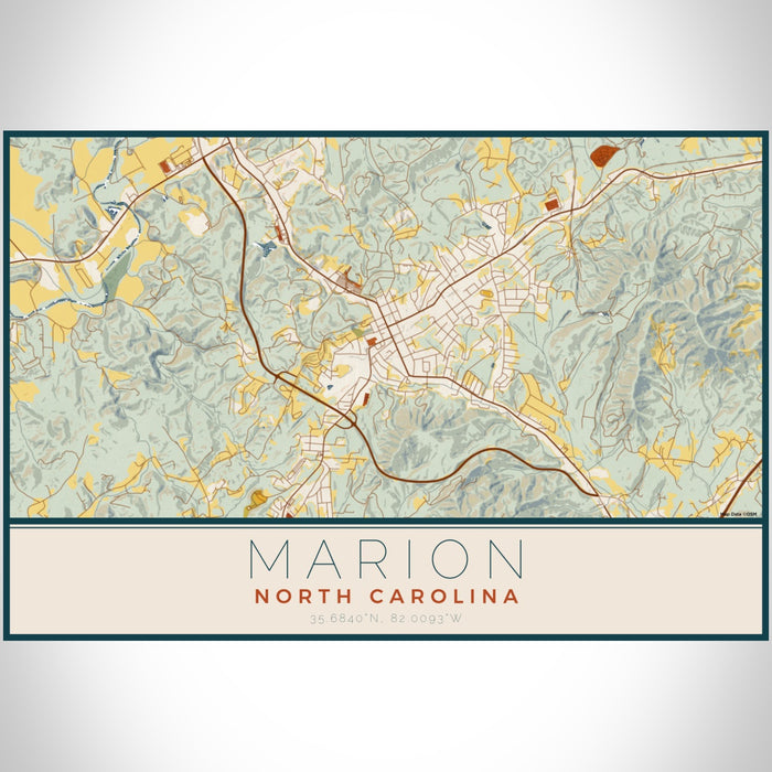 Marion North Carolina Map Print Landscape Orientation in Woodblock Style With Shaded Background