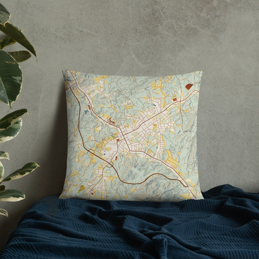 Custom Marion North Carolina Map Throw Pillow in Woodblock on Bedding Against Wall