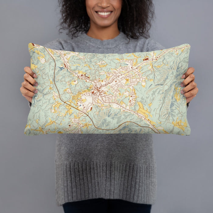 Person holding 20x12 Custom Marion North Carolina Map Throw Pillow in Woodblock