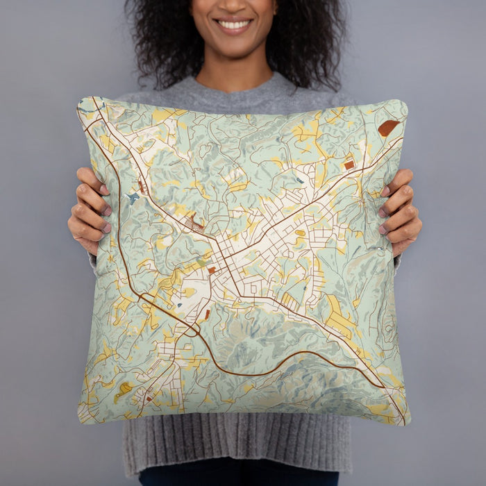 Person holding 18x18 Custom Marion North Carolina Map Throw Pillow in Woodblock