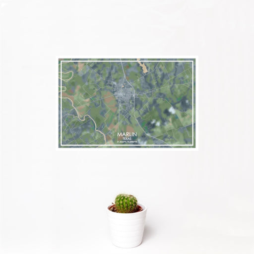 12x18 Marlin Texas Map Print Landscape Orientation in Afternoon Style With Small Cactus Plant in White Planter