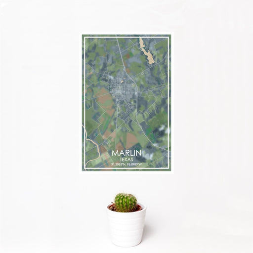 12x18 Marlin Texas Map Print Portrait Orientation in Afternoon Style With Small Cactus Plant in White Planter
