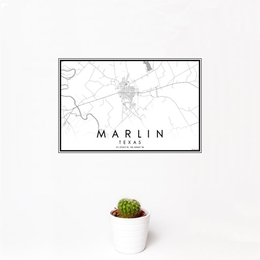 12x18 Marlin Texas Map Print Landscape Orientation in Classic Style With Small Cactus Plant in White Planter