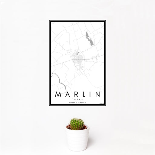 12x18 Marlin Texas Map Print Portrait Orientation in Classic Style With Small Cactus Plant in White Planter