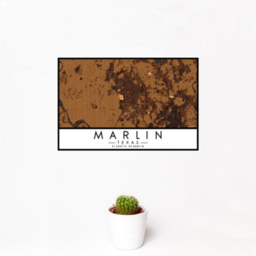 12x18 Marlin Texas Map Print Landscape Orientation in Ember Style With Small Cactus Plant in White Planter