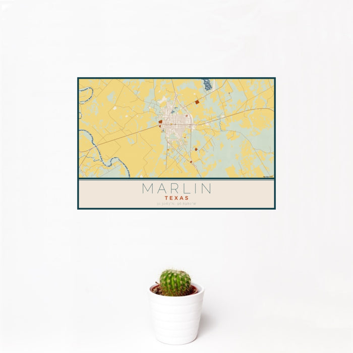 12x18 Marlin Texas Map Print Landscape Orientation in Woodblock Style With Small Cactus Plant in White Planter