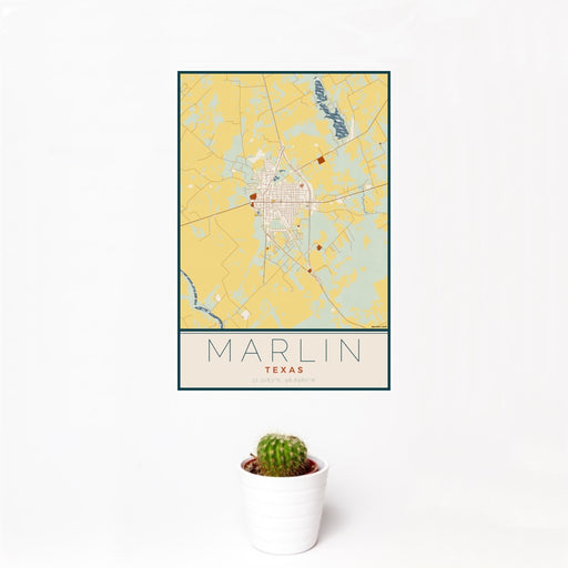 12x18 Marlin Texas Map Print Portrait Orientation in Woodblock Style With Small Cactus Plant in White Planter