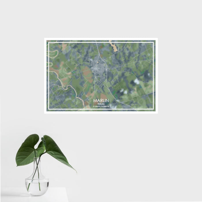 16x24 Marlin Texas Map Print Landscape Orientation in Afternoon Style With Tropical Plant Leaves in Water