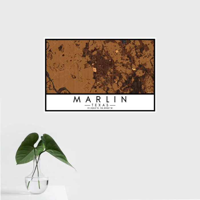 16x24 Marlin Texas Map Print Landscape Orientation in Ember Style With Tropical Plant Leaves in Water
