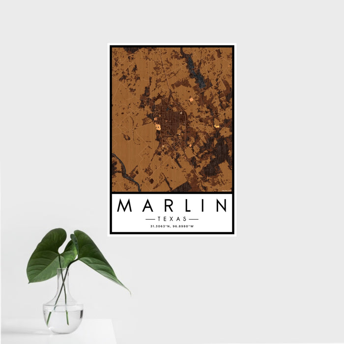 16x24 Marlin Texas Map Print Portrait Orientation in Ember Style With Tropical Plant Leaves in Water