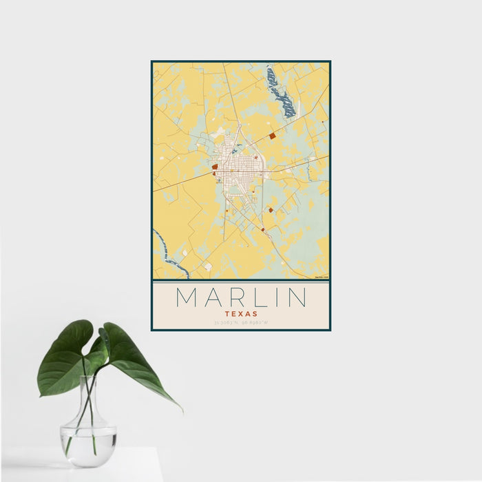 16x24 Marlin Texas Map Print Portrait Orientation in Woodblock Style With Tropical Plant Leaves in Water