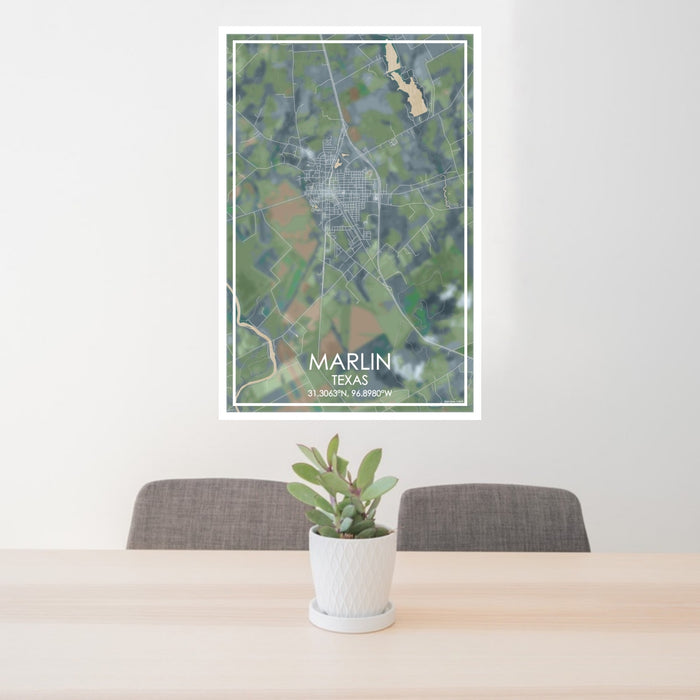 24x36 Marlin Texas Map Print Portrait Orientation in Afternoon Style Behind 2 Chairs Table and Potted Plant