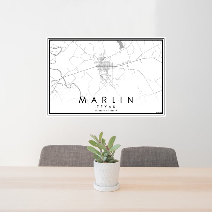 24x36 Marlin Texas Map Print Lanscape Orientation in Classic Style Behind 2 Chairs Table and Potted Plant