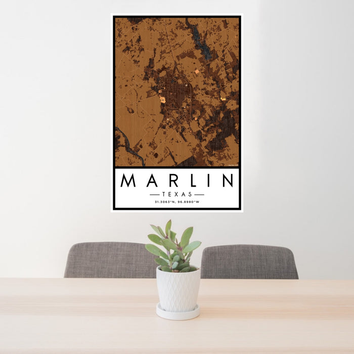 24x36 Marlin Texas Map Print Portrait Orientation in Ember Style Behind 2 Chairs Table and Potted Plant