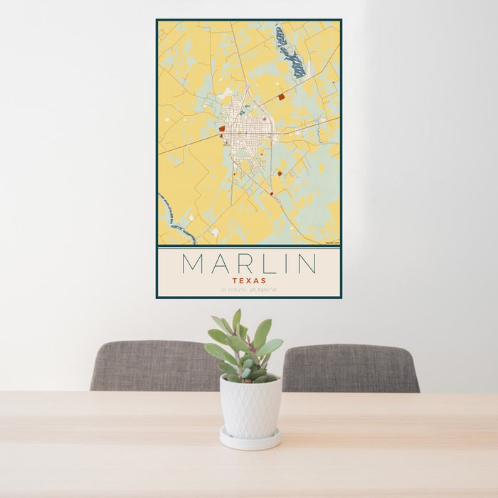 24x36 Marlin Texas Map Print Portrait Orientation in Woodblock Style Behind 2 Chairs Table and Potted Plant