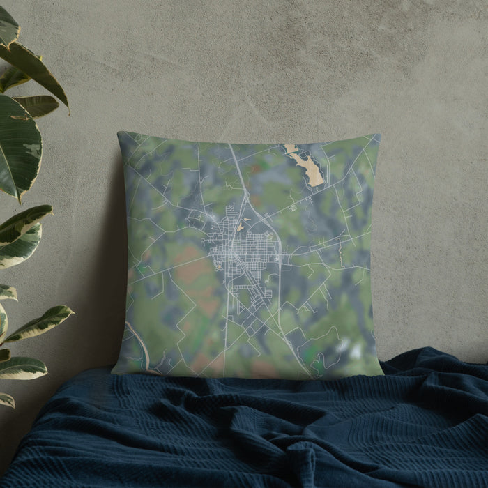 Custom Marlin Texas Map Throw Pillow in Afternoon on Bedding Against Wall