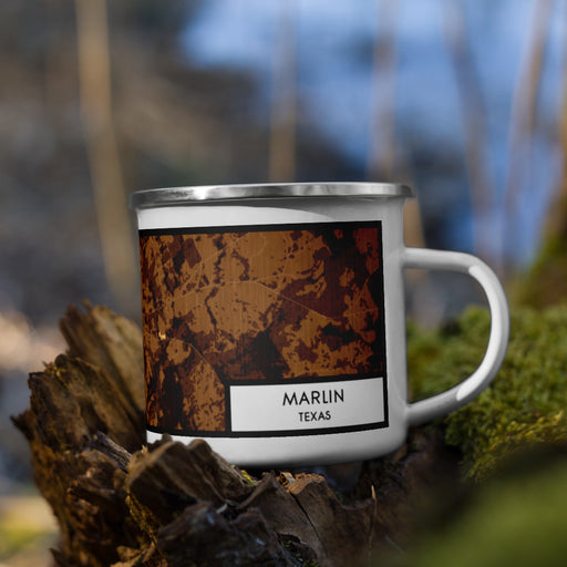 Right View Custom Marlin Texas Map Enamel Mug in Ember on Grass With Trees in Background