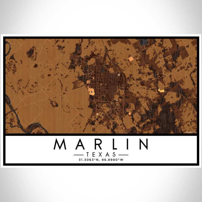 Marlin Texas Map Print Landscape Orientation in Ember Style With Shaded Background
