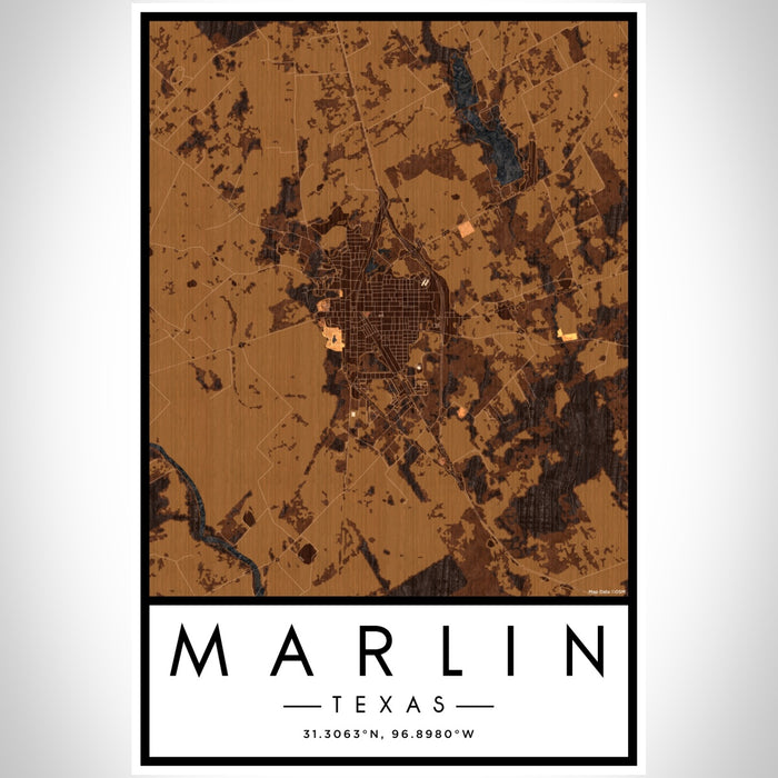 Marlin Texas Map Print Portrait Orientation in Ember Style With Shaded Background